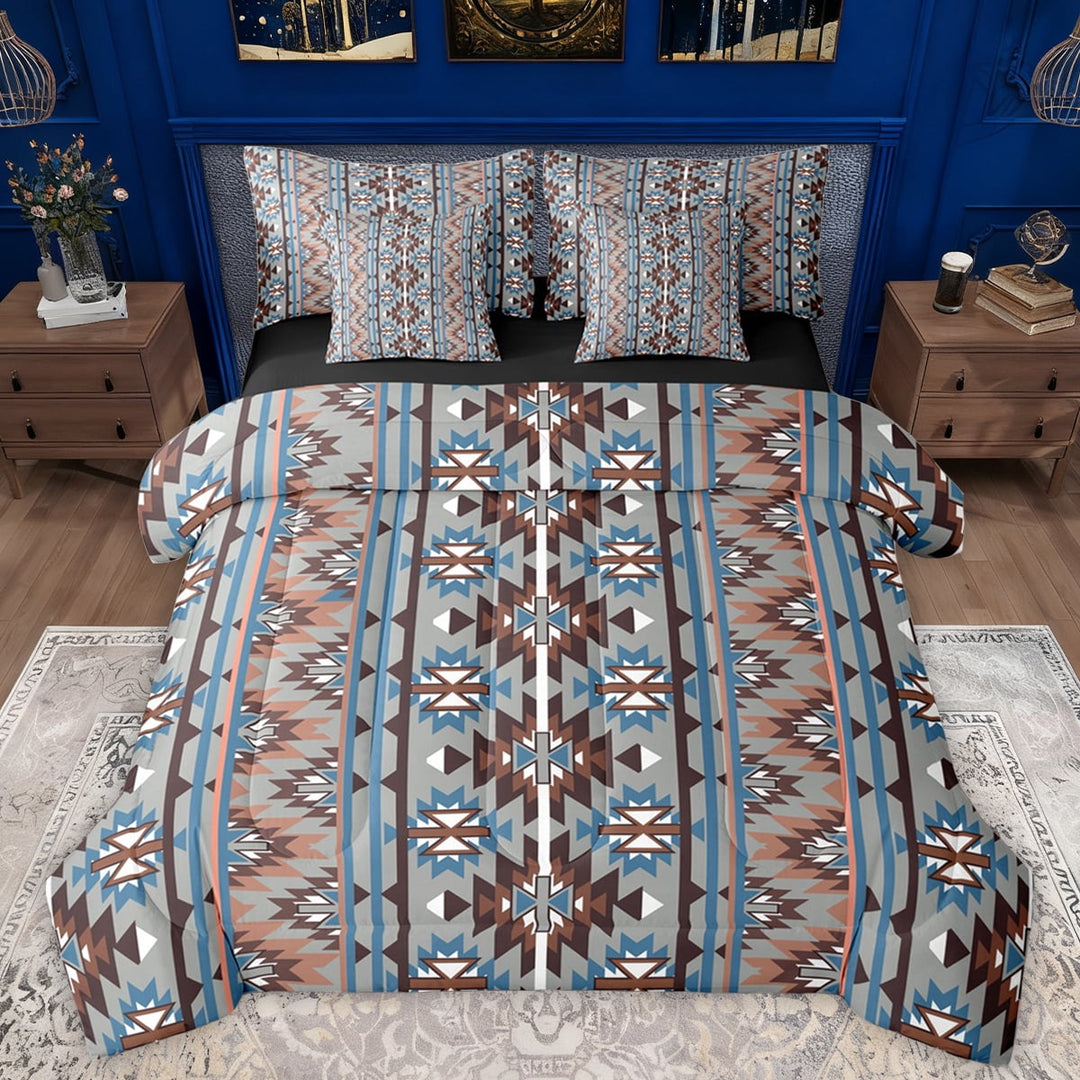 Manfei Western Hippie Aztec Twin Bedding Sets 7-Piece for Teens, Vintage Mid Century Bedding Comforter Set, Gray Blue Abstract Ombre Reversible Sheet Sets, Super Cozy Room Decor