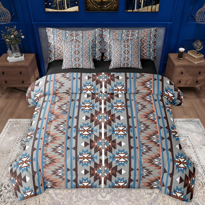 Manfei Western Hippie Aztec Twin Bedding Sets 7-Piece for Teens, Vintage Mid Century Bedding Comforter Set, Gray Blue Abstract Ombre Reversible Sheet Sets, Super Cozy Room Decor