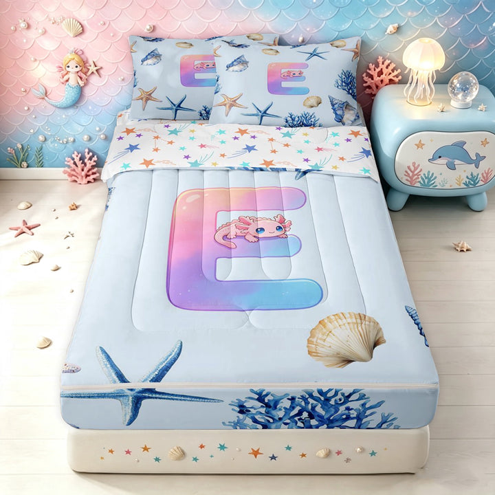 meiyoeat Ocean Axolotl E Letter Zipper Twin Comforter Sets with Fitted Sheet and 2 Pillowcases for Girls, Blue Seashell Starfish Zipper Bedding Set, Star Reversible, 4 Pieces
