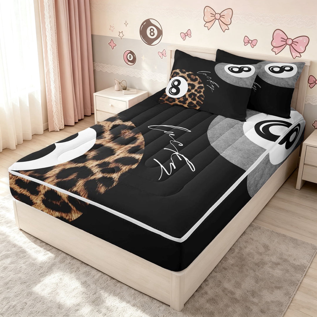 meiyoeat Grunge Leopard Print Lucky 8 Zipper Twin Comforter Sets with Fitted Sheet and 2 Pillowcases for Girls Boys, Grey Cartoon Billiards Zipper Bedding Set, Black Reversible, 4 Pieces