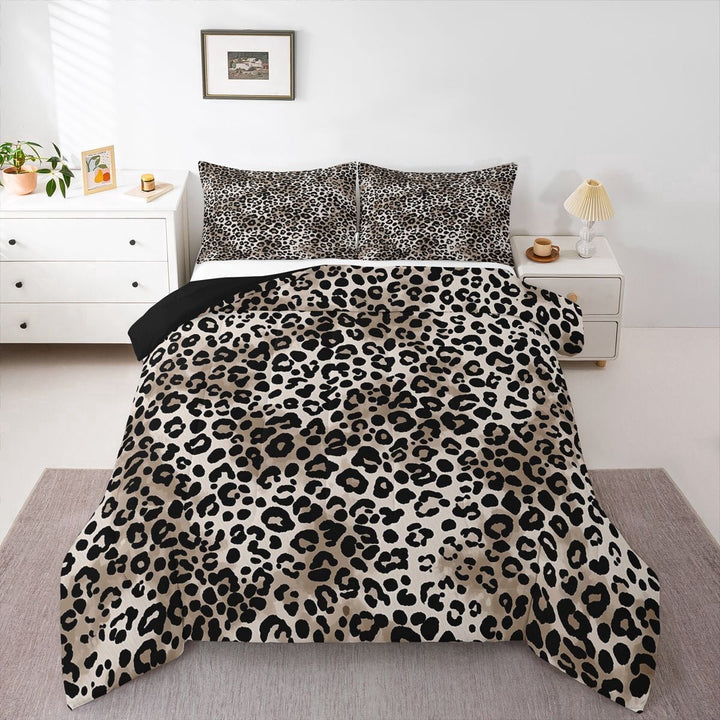 Erosebridal Leopard Printed Kid Full Size Comforter Sets, Farmhouse Cheetah Print Bedding Sets, Black Reverisble, 3 Pieces