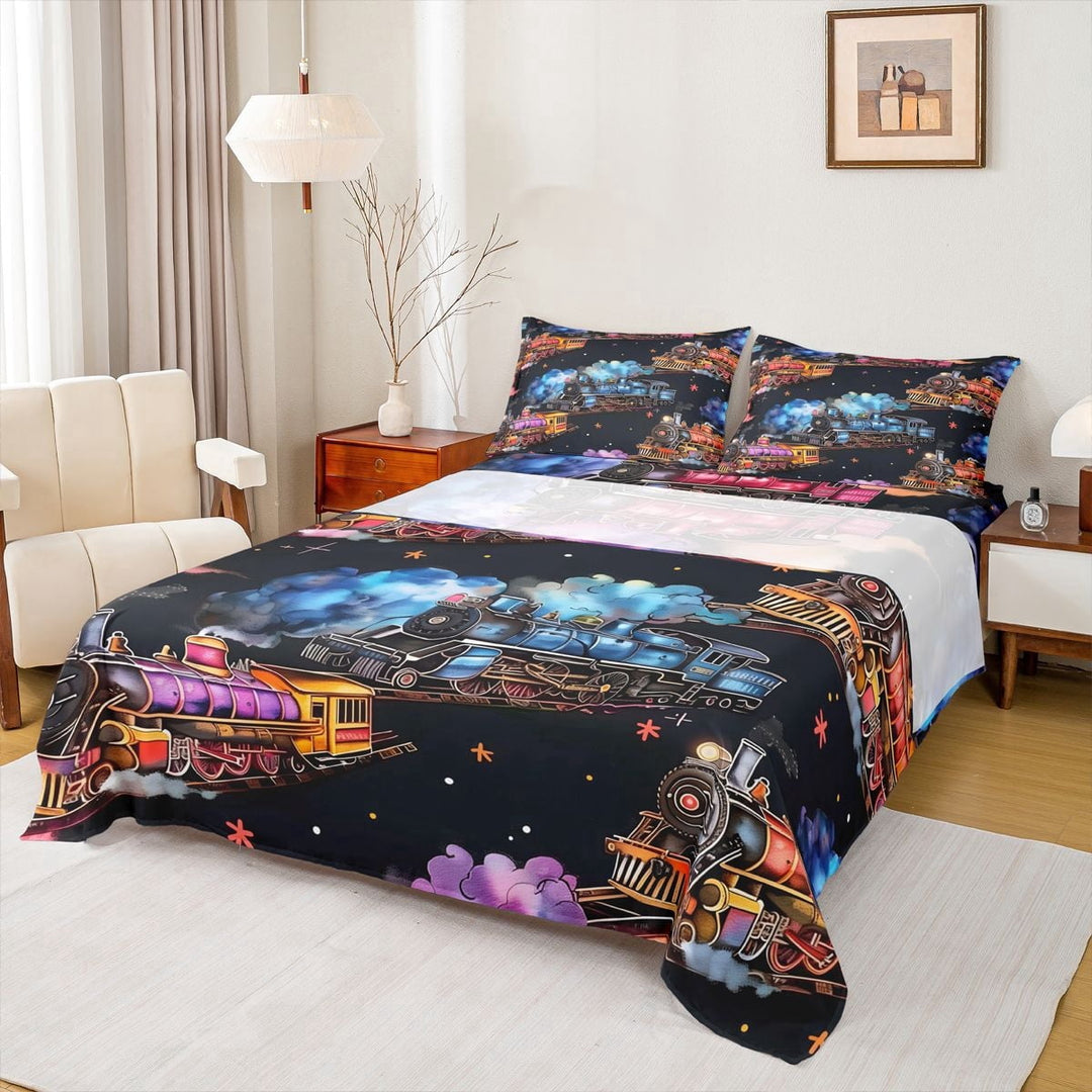 Manfei Vintage Train Bed Sheets,Colorful Railway Full Size Sheets,4pcs,1 Flat Sheet, 1 Fitted Sheet and 2 Pillowcases