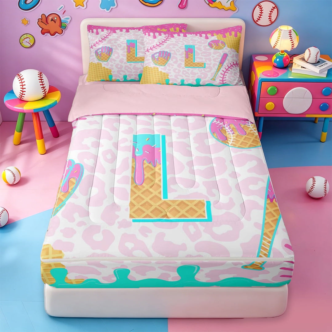 meiyoeat Watercolor Personalized Initial Gifts Zipper Full Size Comforter Sets with Fitted Sheet and 2 Pillowcases,Cream Baseball L Monogrammed Print Zipper Bedding Set,4-Piece