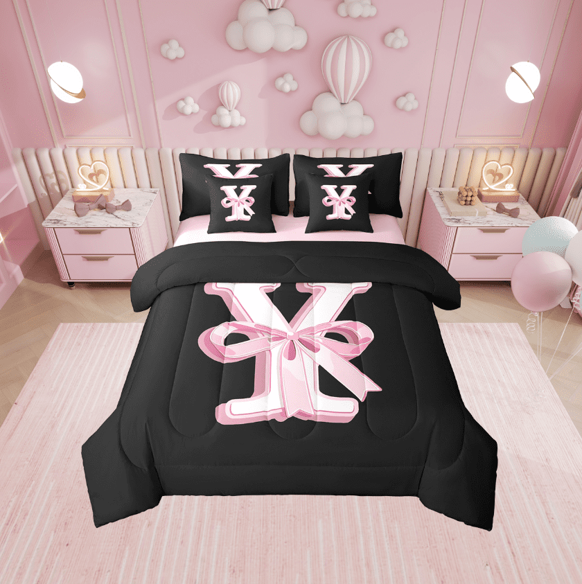 Erosebridal Initial Letter Y Bed in a Bag Twin size, Black Pink Princess Bed Set, Kawaii Bow-tie Reversible Bedding Twin Size, 7pcs