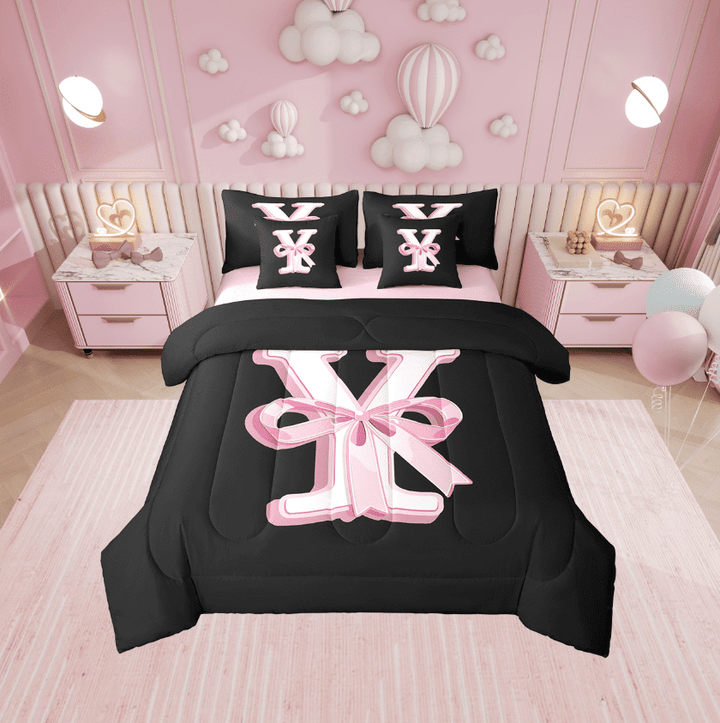 Erosebridal Initial Letter Y Bed in a Bag Twin size, Black Pink Princess Bed Set, Kawaii Bow-tie Reversible Bedding Twin Size, 7pcs
