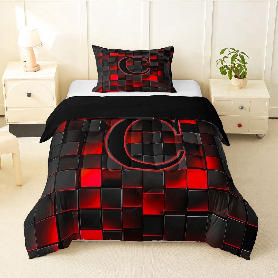 Erosebridal Teens Black Red Geometric Grid Twin Comforter Sets 3-Piece,C Personalized Initial Bedding Set For Boys Girls,Black Reversible