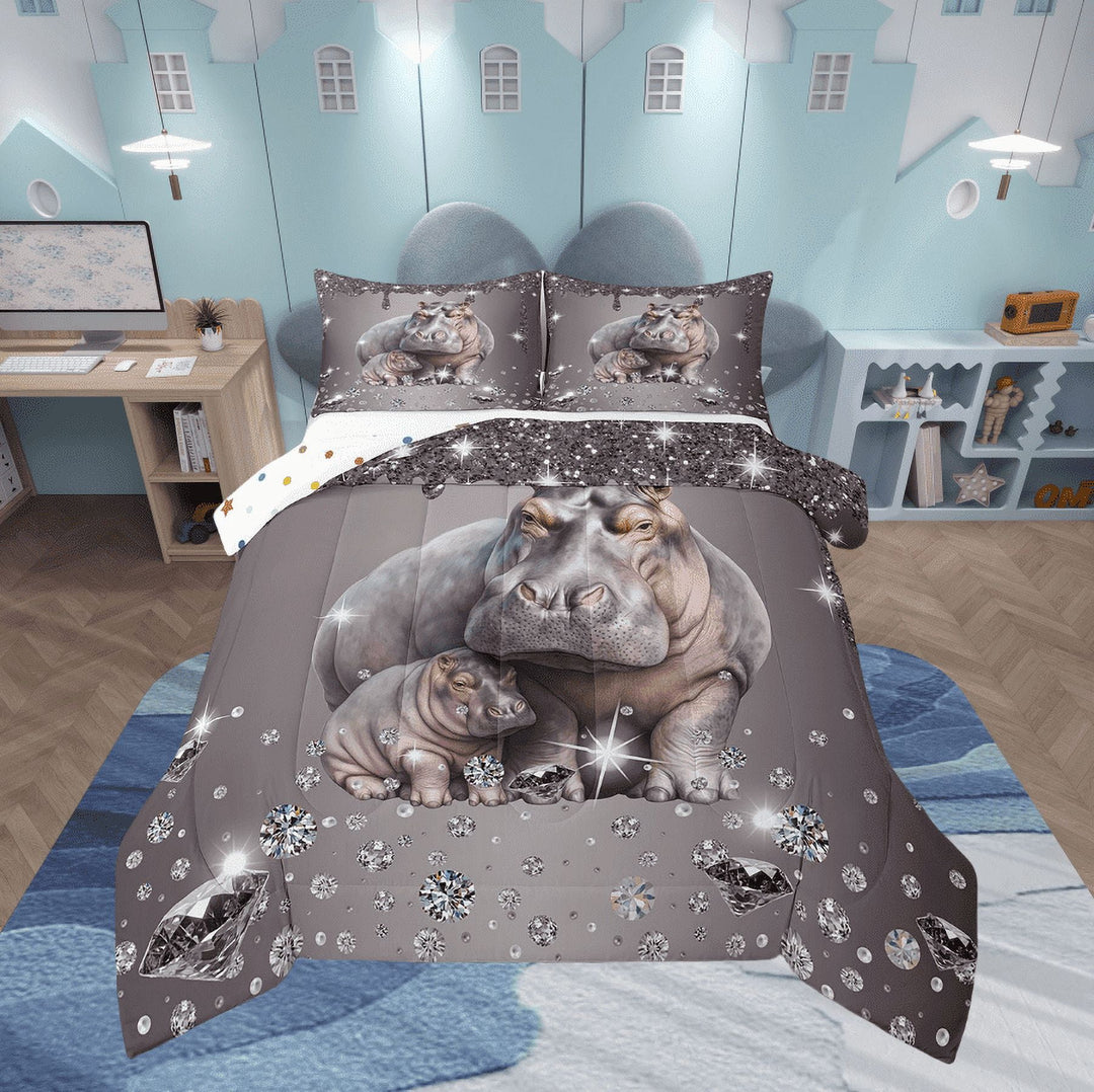 Hippo Comforter Set Grey Sequin Fluid Art Twin Bedding Sets,Crystal Diamond Bed Set Coastal Creature Duvet Set,Animal Room Decor