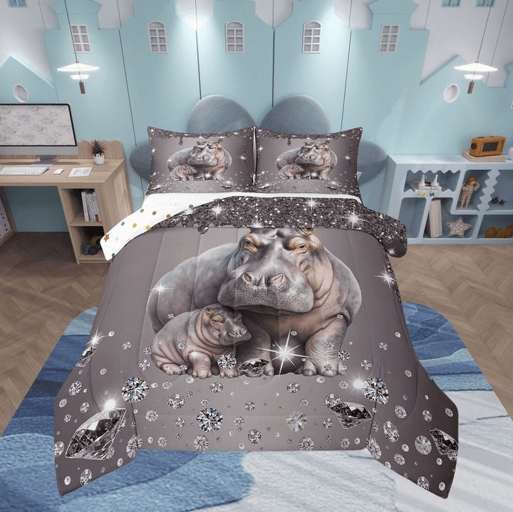 Hippo Comforter Set Grey Sequin Fluid Art Twin Bedding Sets,Crystal Diamond Bed Set Coastal Creature Duvet Set,Animal Room Decor
