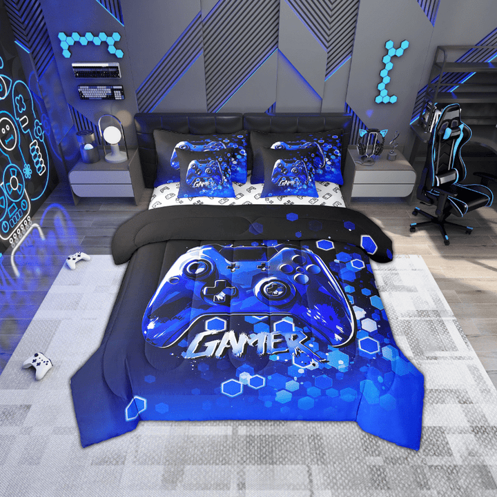 Erosebridal Blue Video Game Bedding Sets Twin Size,Geometric Honeycomb Comforter Sets with Sheets,Gamepad Gamer Bed in a Bag Twin size,Breathable Gradient Room Decorative,Reversible,7-Piece