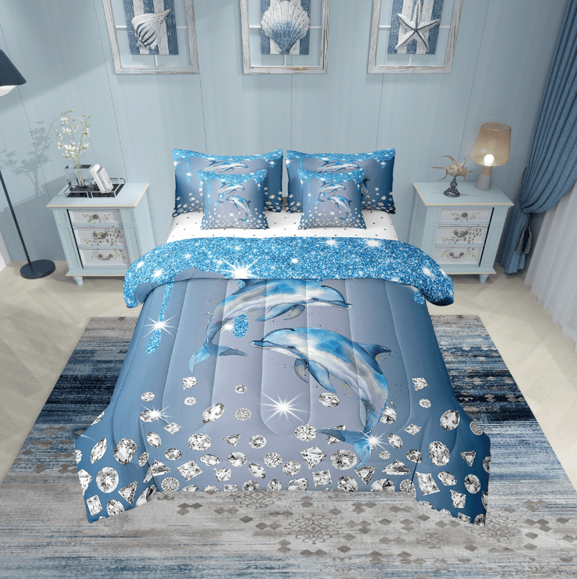 Erosebridal 3D Dolphin Bedding Twin Size, Glitter Diamond Bed in a Bag Twin size, Ocean Animal Reversible Bed Set, Lightweight Room Decoration, 7pcs