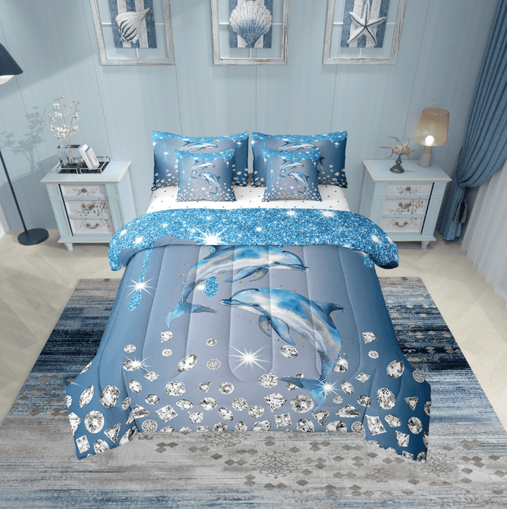 Erosebridal 3D Dolphin Bedding Twin Size, Glitter Diamond Bed in a Bag Twin size, Ocean Animal Reversible Bed Set, Lightweight Room Decoration, 7pcs