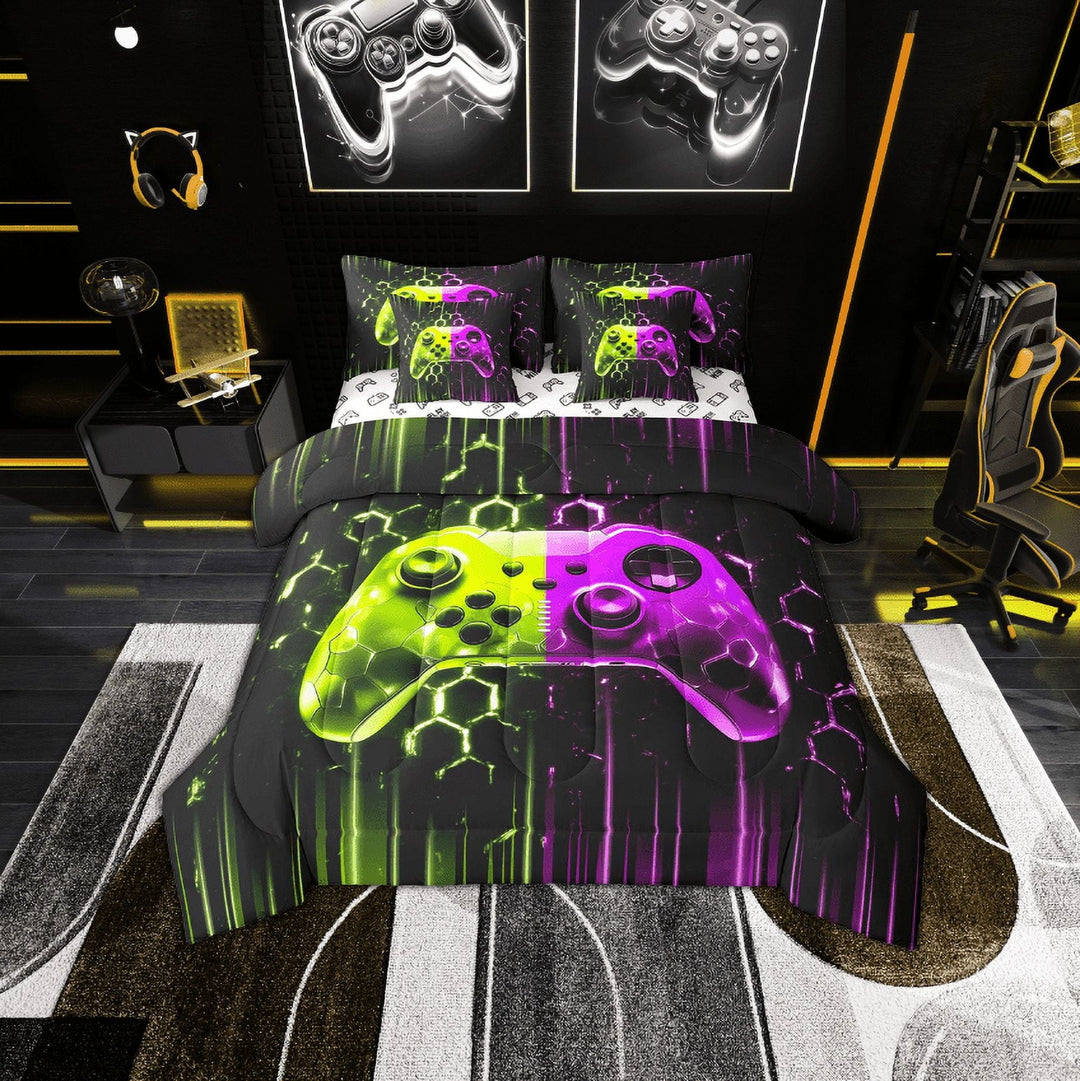 Erosebridal Gamer Gaming Bedding Twin Size, Purple Green Gamepad Comforter Sets with Sheets, Gradient Neon Stripe Room Decor, Reversible 7pcs