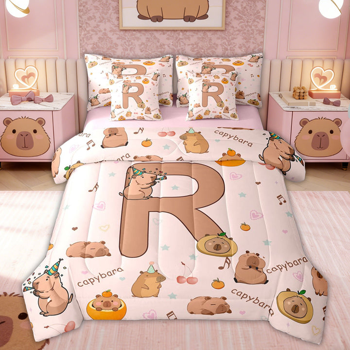 Erosebridal Brown Capybara Kid Twin Bedding Sets, Cute Letter R Bedding Comforter Set, Pink Reversible, 7pcs