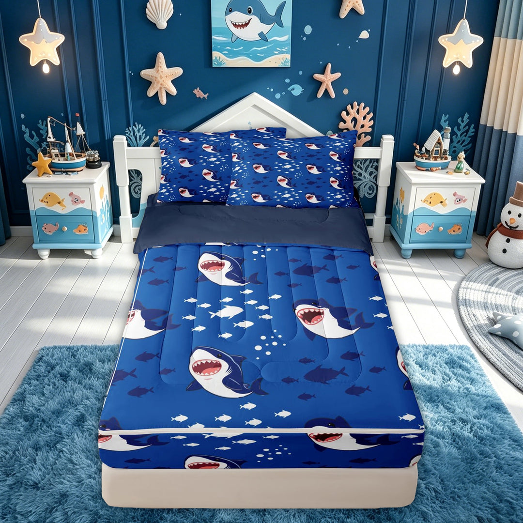 meiyoeat Ocean Shark Zipper Full Size Comforter Sets with Fitted Sheet and 2 Pillowcases for Kids Boys Girls, Cartoon Sea Wildlife Zipper Bedding Set, Navy, Blue Reversible, 4-Piece