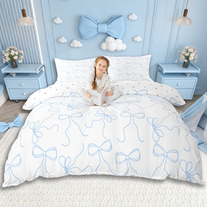Erosebridal Kids Cute Bowknot Duvet Cover Set,Girls Kawaii Blue Bow Tie Bedding Full,Lightweight Room Decor,3-Piece,No Comforter