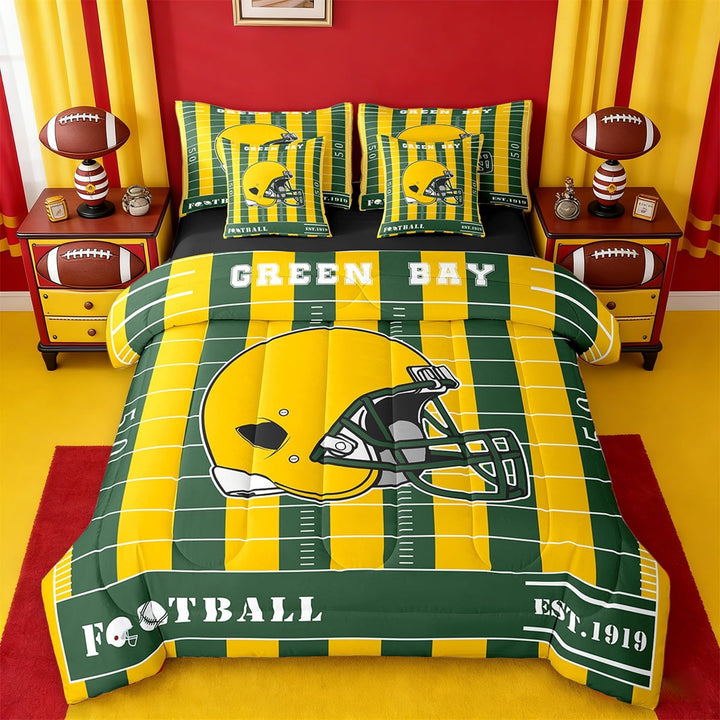 Erosebridal Green Bay Bedding Sets Twin Size,Sports Theme Comforter Sets with Sheets,Football City Bed in a Bag Twin Size For Boys Kids,Microfiber Bedroom Decoration Reversible,7-Piece