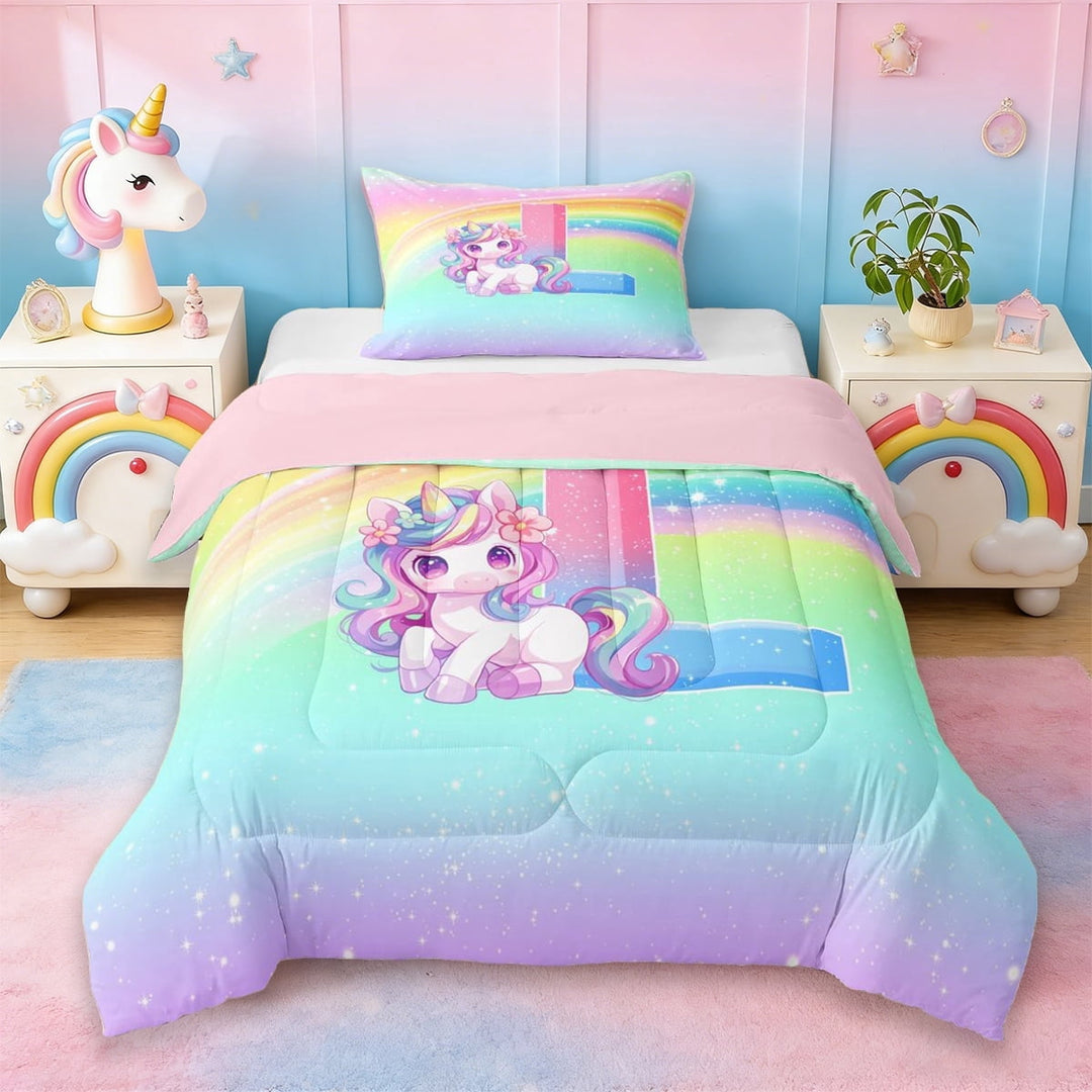 Erosebridal Rainbow Kids Pink Unicorn Twin Comforter Sets,Colorful Ombre L Alphabet Bedding Set For Girls Teens,Reversible Pink 2-Piece