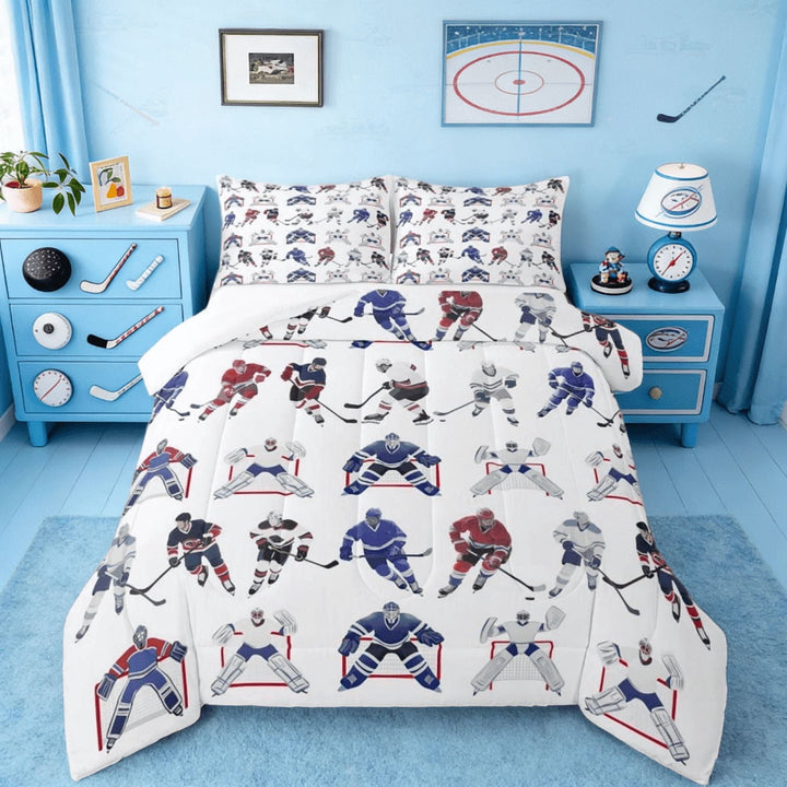 Manfei Ice Hockey Full Size Comforter Sets For Boys Youth Hockey Player,Sports Game Winter Sports Bedding Sets 3pcs
