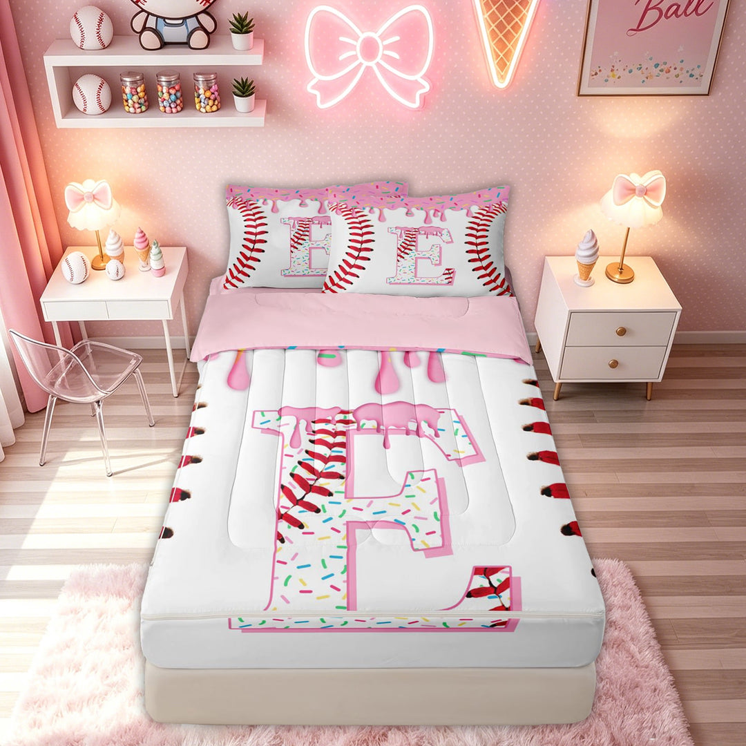meiyoeat Pink Donut Sport Baseball Zipper Full Size Comforter Sets with Fitted Sheet and 2 Pillowcases for Girls Kids, E Letter Ice Cream Drip Zipper Bedding Set, Pink, Pink Reversible, 4pcs
