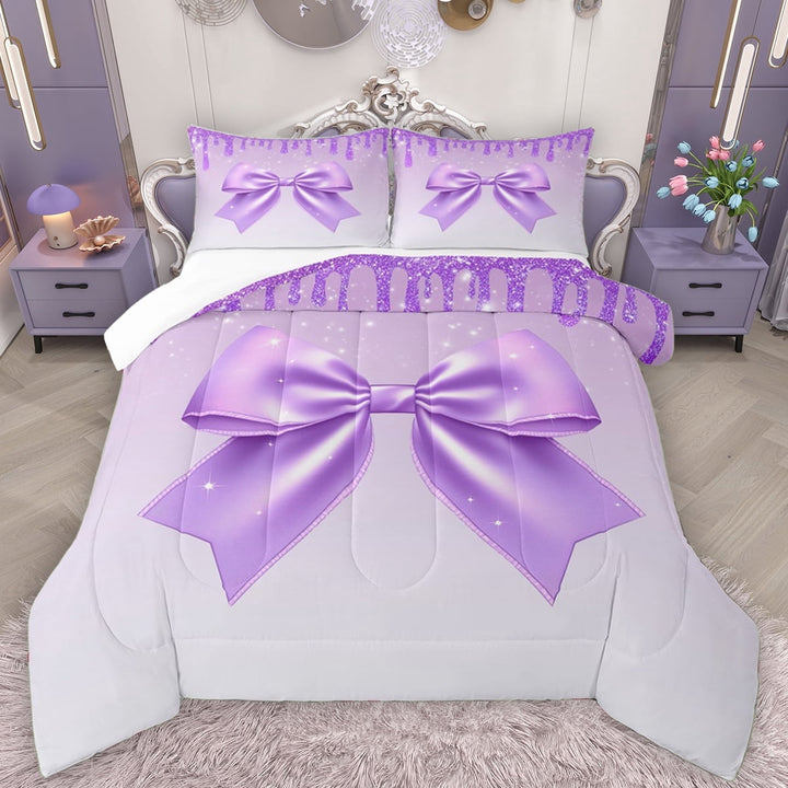 Manfei Purple Sequin Print Full Size Comforter Sets, Fashion Glitter Bowknot Bedding Comforter Set, Dreamy Ribbon Bow Bedding Sets, Microfiber Bedroom Decor, 3-Piece