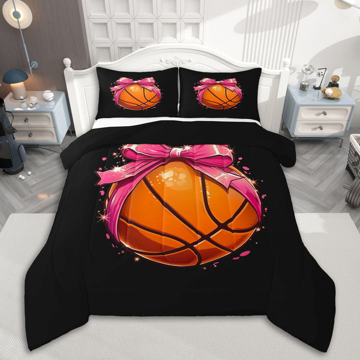 Erosebridal Pink Bow Basketball Queen Comforter Set 3pcs for Teens,Girls Sport Ball Gamer Bedding Comforter Set,Black Reversible,Luxury Bedroom Decor