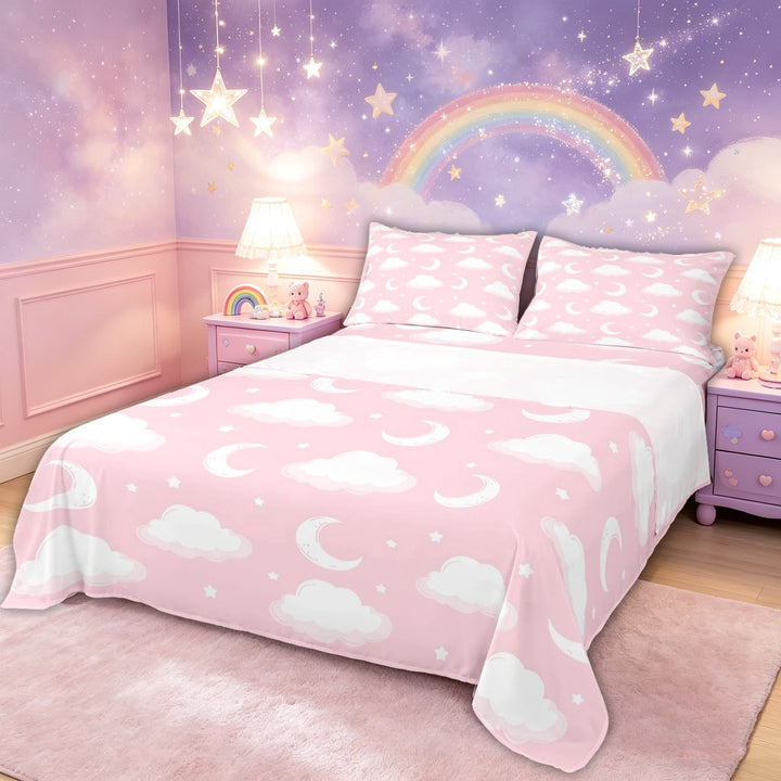 meiyoeat Dreamy Moon Bed Sheets for Kids Girls, Cloud Star Full Size Sheets for Bedroom, Pink White, 4-Piece