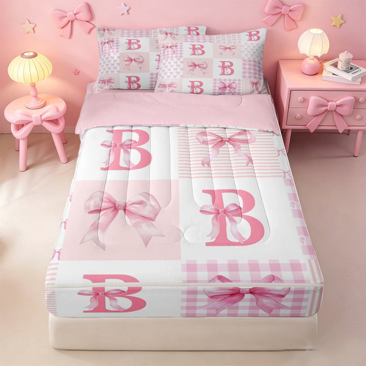 meiyoeat Bow Monogram B Zipper Twin Comforter Sets with Fitted Sheet and 2 Pillowcases For Girls,Kids Pink Coquette Bowtie Zipper Bedding Set,Pink Reversible,4-Piece