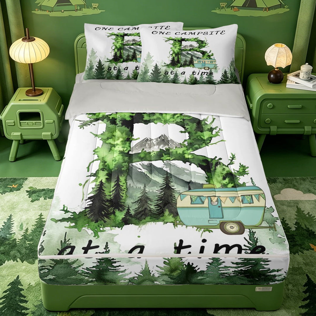 meiyoeat Happy Camping Zipper Twin Comforter Sets with Fitted Sheet and 2 Pillowcases For Boys,Initial Letter B Zipper Bedding Set,Light Gray Reversible,4-Piece