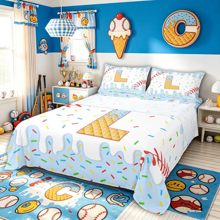 Meiyoeat Kawaii Ice Cream Baseball Full Size Sheets for Kids Girls Boys, Cute Blue Donut L Letter Bed Sheets, 4 Pieces