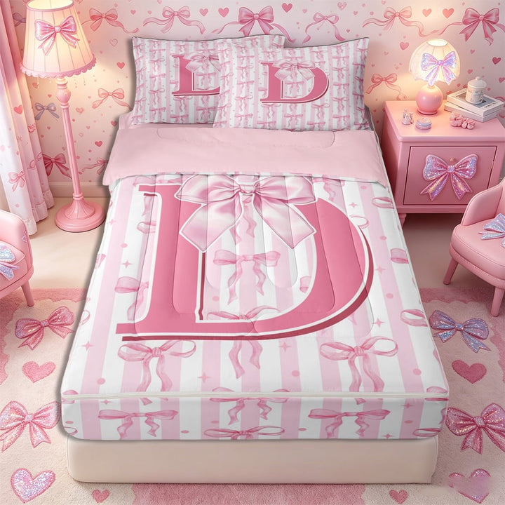 Meiyoeat Charming Bow Letter D Zipper Twin Comforter Sets with Fitted Sheet and 2 Pillowcases for Girls Juniors, Soft Stripe Zipper Bedding Set for Bedroom,4-Piece,Pink Reversible