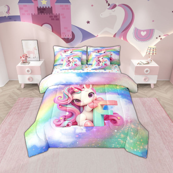 Erosebridal Rainbow F Bedding Twin Size, Initial Letter Bed Set, Cute Unicorn Reversible Bedding Sets Twin Size, Lightweight Bedroom Decorative, 7pcs