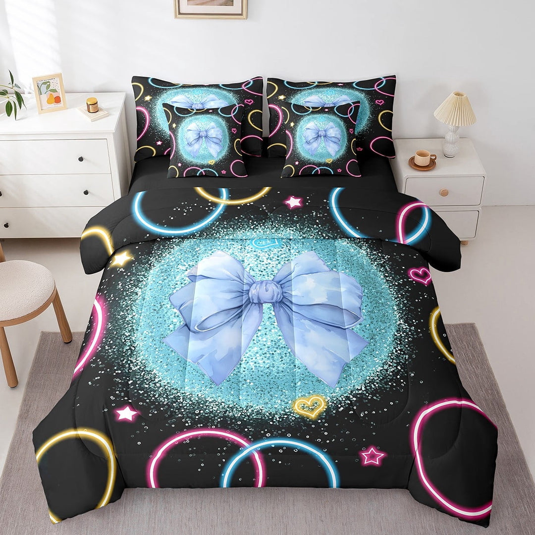 Erosebridal Cute Bowknot Bedding Sets King Size,Stars Circle Bed in a Bag King size,Super Cozy Reversible Bedding King Size,Bling Decor,7 Pieces