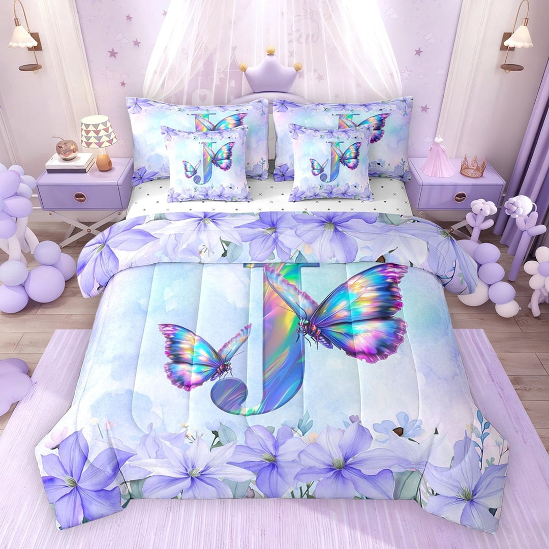 Erosebridal Purple Butterfly Twin Bedding Sets for Girls, Garden Flower Floral Bedding Comforter Set, J Letter, Reversible, 7 Pieces