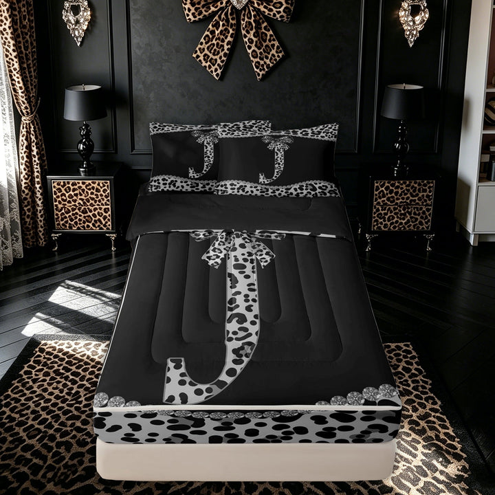 meiyoeat Cheetah Print Bow Crystal Zipper Twin Comforter Sets with Fitted Sheet and 2 Pillowcases for Women Kids, Fashion J Letter Zipper Bedding Set, Black White, Black Reversible, 4pcs