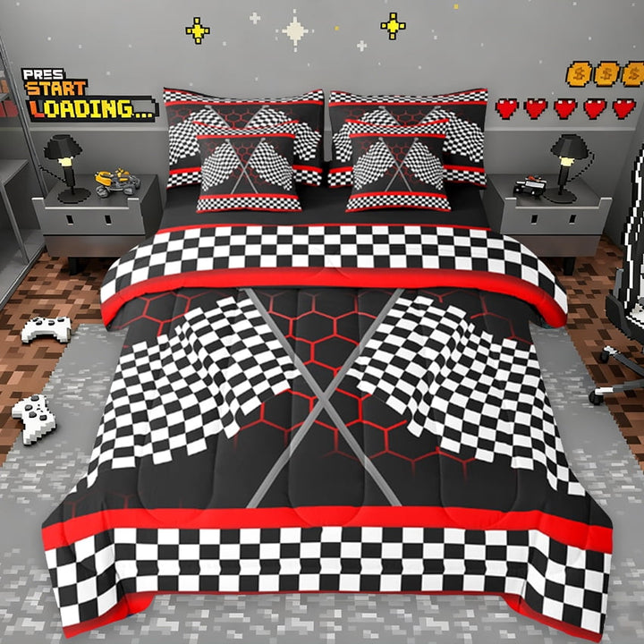 Erosebrida Racing Flag Bedding Twin Size, Neon Red Honeycomb Comforter Sets With Sheets, Extreme Racing Car Sportsbedding Sets Twin Size, Microfiber Room Decorative,7Pcs Reversible