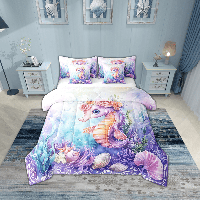 Erosebridal Floral Seahorse Bedding Sets Twin Size,Underwater World Comforter Sets with Sheets,Sealife Decoration,Breathable,7pcs