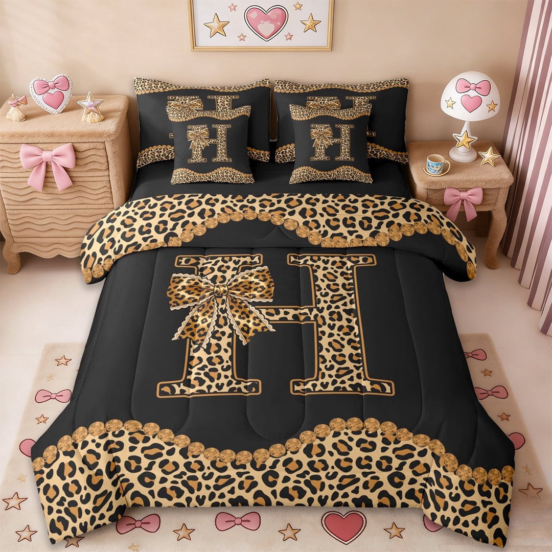 Erosebridal Cheetah Pattern Cute Bowknot 7-Piece Twin Bedding Sets,Leopard Print Personalized Initial Letter H Bedding Comforter Set For Kids,Black Reversible