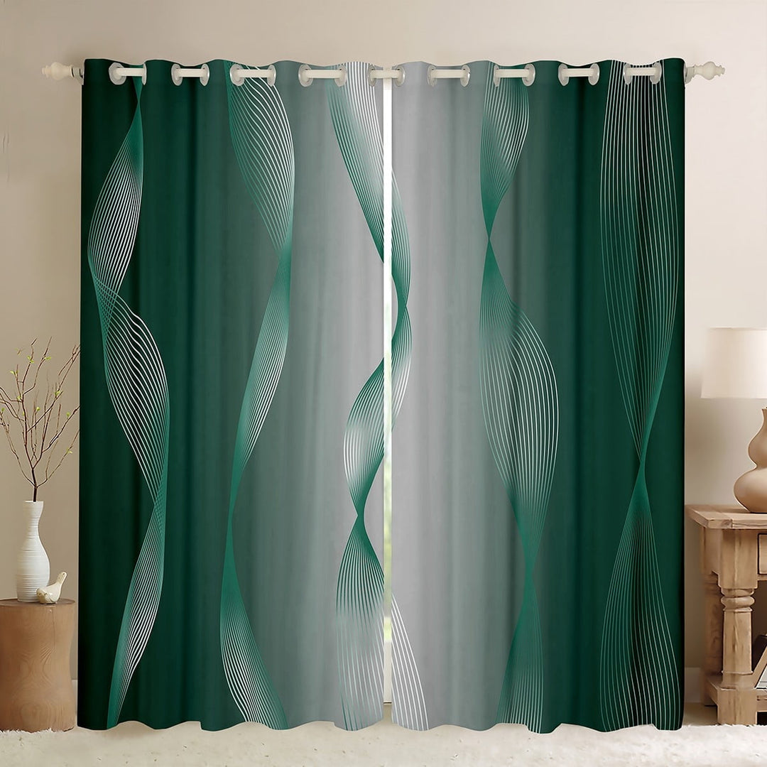 Gradient Green and Greyish White Curtains &amp; Drapes,Irregular Silver Stripe Wave Line Curtains Ombre Blackout Curtains 2 Panels 42Wx84L,Abstract Art Room Decor Aesthetic