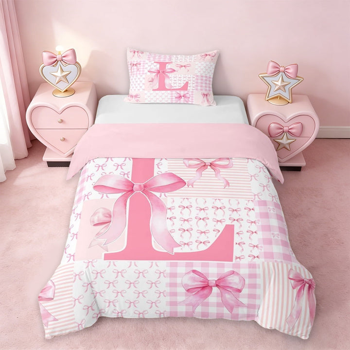 Erosebridal Lovely Pink Bowtie Kids Twin Bedding,Personalized Initial Letter L Duvet Cover Set For Girls,Pink Reversible,2pcs(No Comforter)