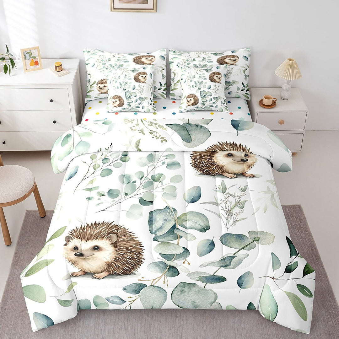Erosebridal 7-Piece Cute Hedgehog Bedding Twin Green Eucalyptus Comforter Set, Woodland Animal Bedding Comforter Sets Botanical Leaves Bed in a Bag, Cartoon Wildlife Bedding Accessories