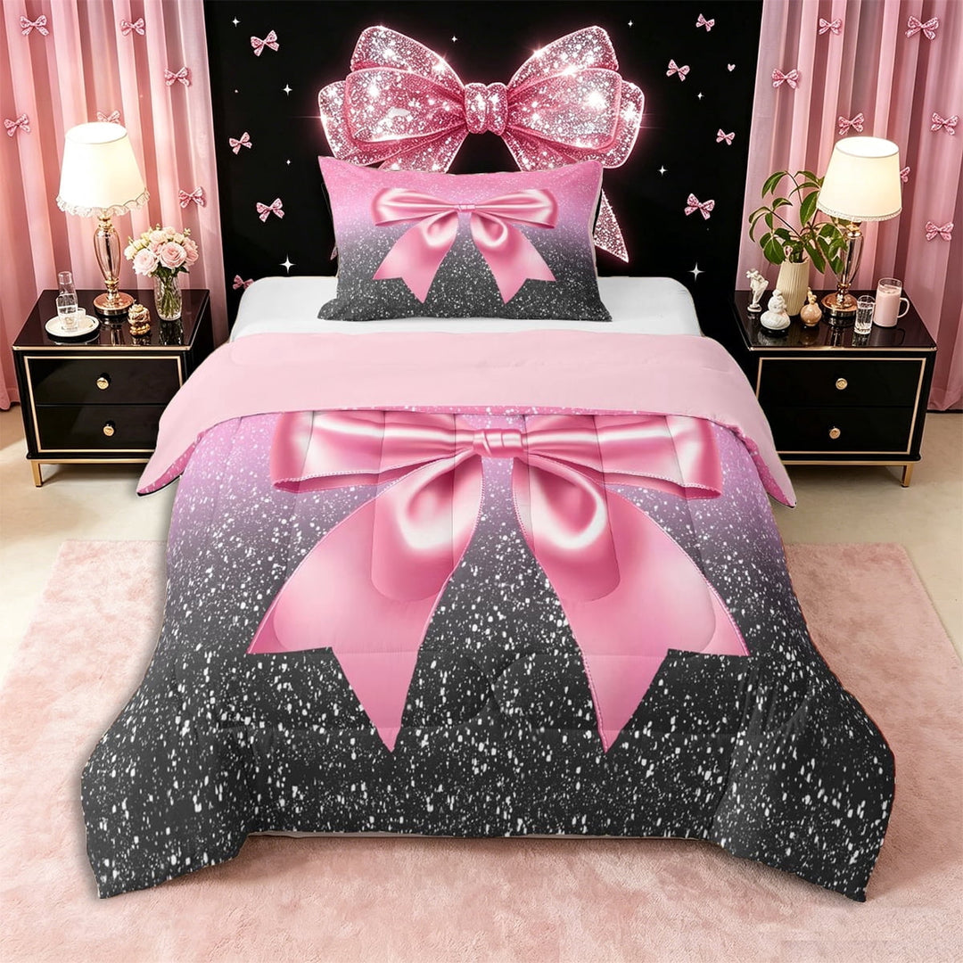 Erosebridal Cute Dreamy Bowknot Twin Comforter Sets 3-Piece for Teens Girls,Grey Pink Glitter Print Bedding Set,Pink Reversible,Lightweight Room Decor
