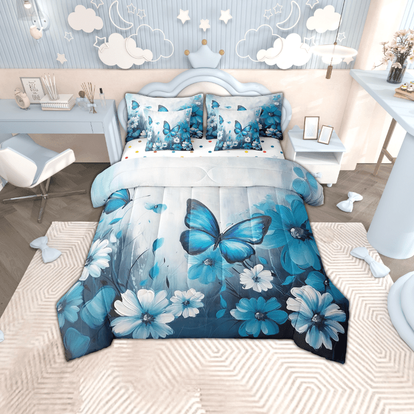 Butterfly Flowers Bed in a Bag Queen Comforter Set 7 Piece,Blue Ombre Art Oil Painting Floral Bedding Sets Rustic Aesthetic Animal Daisy Flower Sheet Set with Comforter