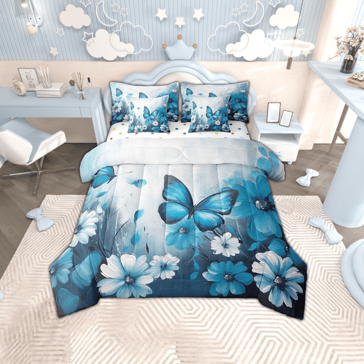Butterfly Flowers Bed in a Bag Queen Comforter Set 7 Piece,Blue Ombre Art Oil Painting Floral Bedding Sets Rustic Aesthetic Animal Daisy Flower Sheet Set with Comforter