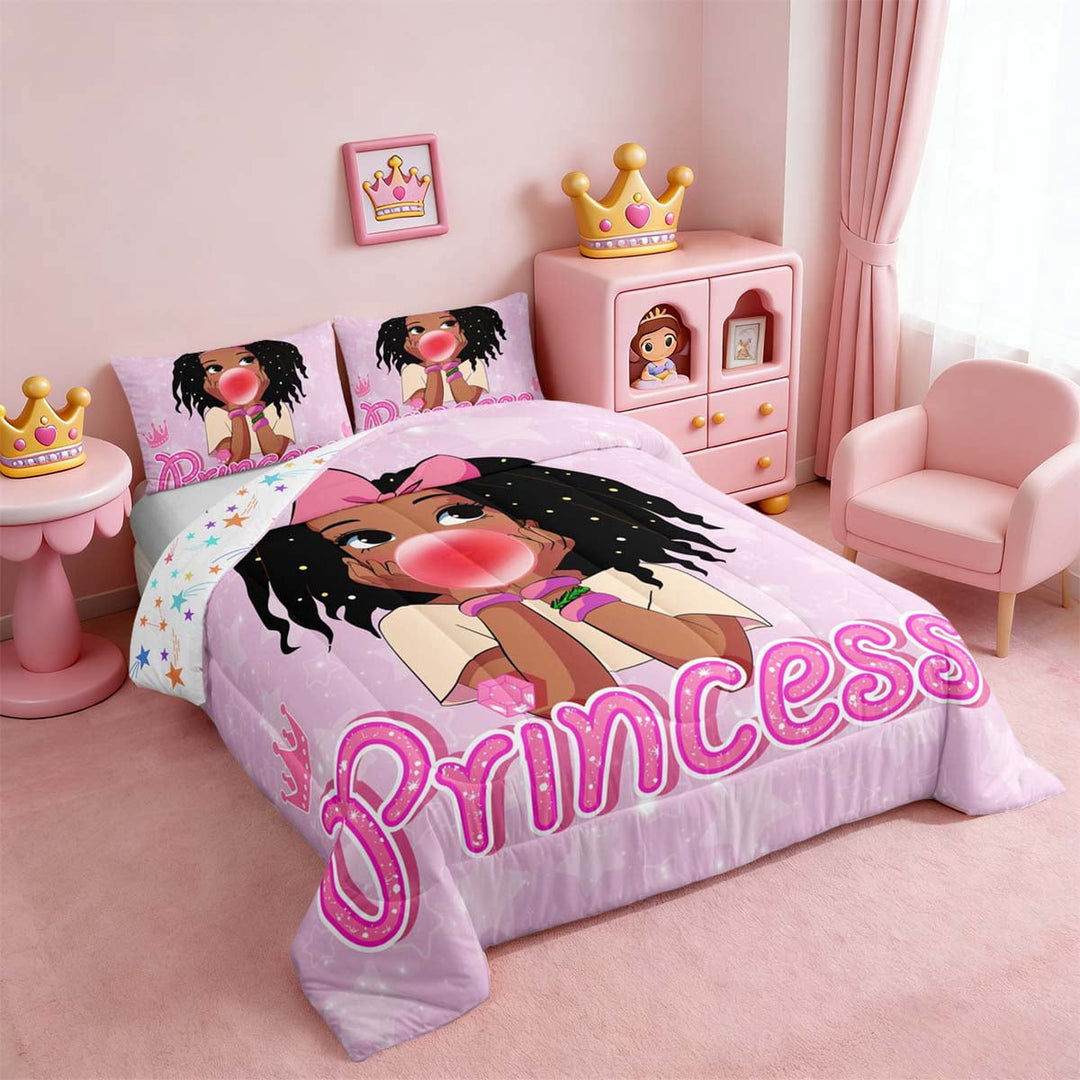 Erosebridal Cute Princess Bedding Full Kawaii Black Full Comforter Set, Afro Melanin Down Comforter Sparkling Stars Bedding Comforter Sets, Teen Duvet Insert Lightweight 3 Piece