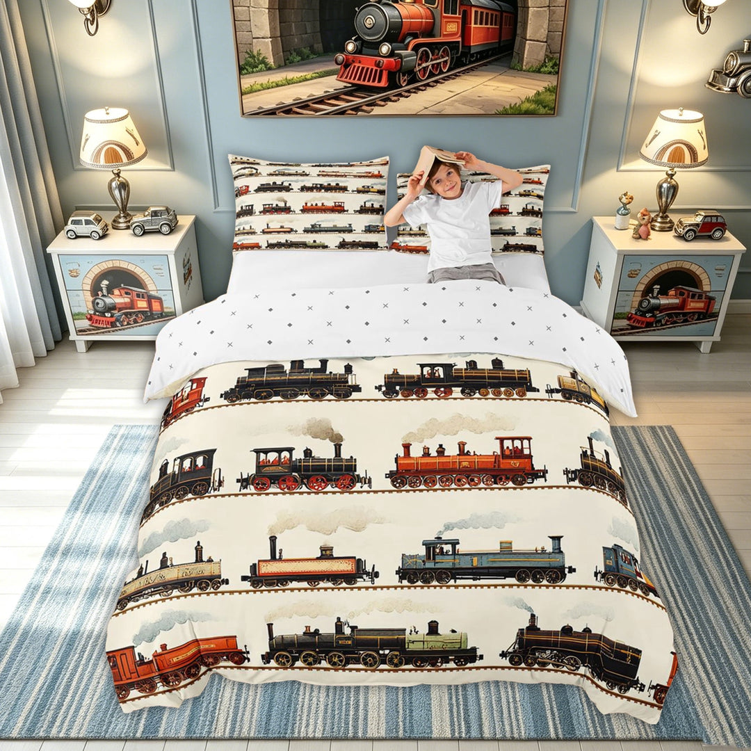 meiyoeat Vintage Train Print Bedding for Kids Boys, Classic Steam Engine Duvet Cover Full, Beige Multicolor, Reversible, 3pcs