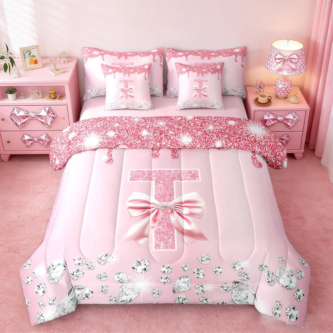 jejeloiu Personalized Letter T Twin Bedding Sets 7-Piece,Monogrammed Theme Bedding Comforter Set,Pink Bow Bowtie Sheet Sets,Ultra Soft Bedroom Decor Reversible