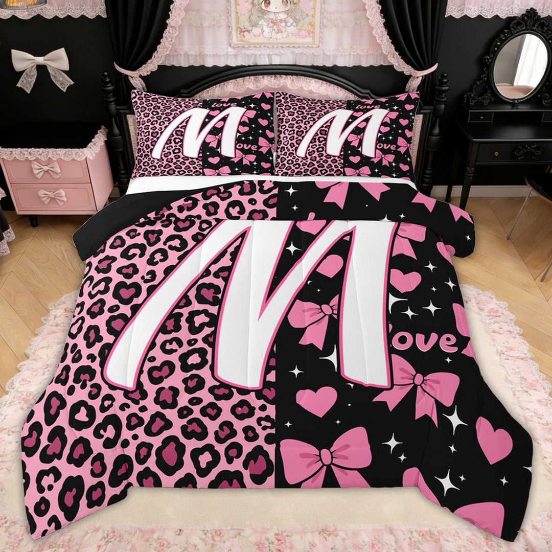 Erosebridal Leopard Print Bow Letter M Full Size Comforter Sets for Girls, Pink Initial Ribbon Bedding Sets, Black Reversible, 3pcs