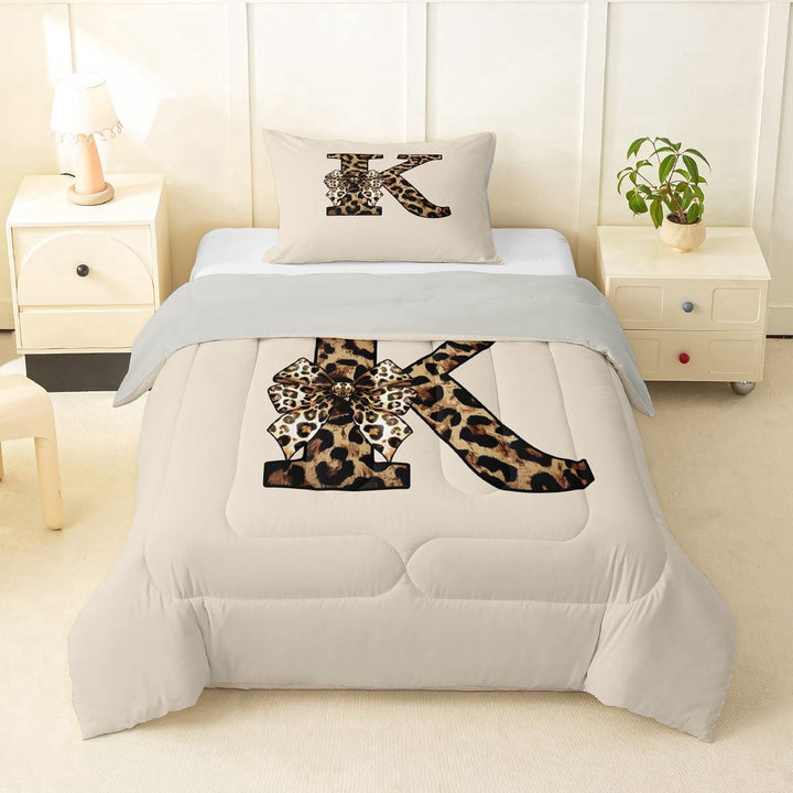 Erosebridal Black Brown Cheetah Print Bowknot Twin Comforter Sets 3-Piece For Girls,Teens Boys Letter Monogrammed K Bedding Set,Grey Reversible