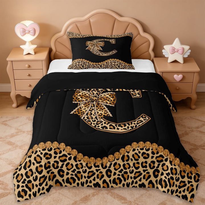 Erosebridal Leopard Pattern Bowknot Twin Comforter Sets,Brown Letter C Monogrammed Bedding Set For Girls Kids,Black Reversible,2pcs