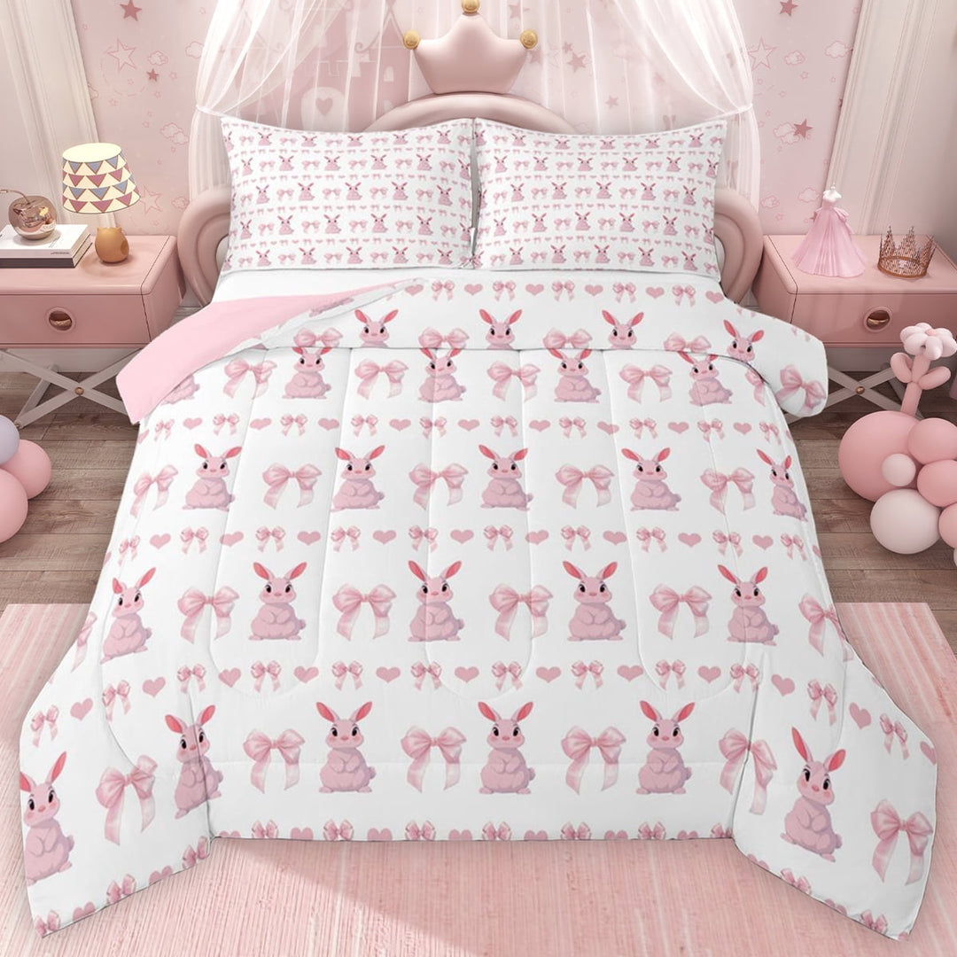 Erosebridal Cartoon Rabbit Full Size Comforter Sets for Kids Girls, Pink Princess Bow Bedding Sets, Pink Reversible 3-Piece, 1 Comforter and 2 Pillowcases